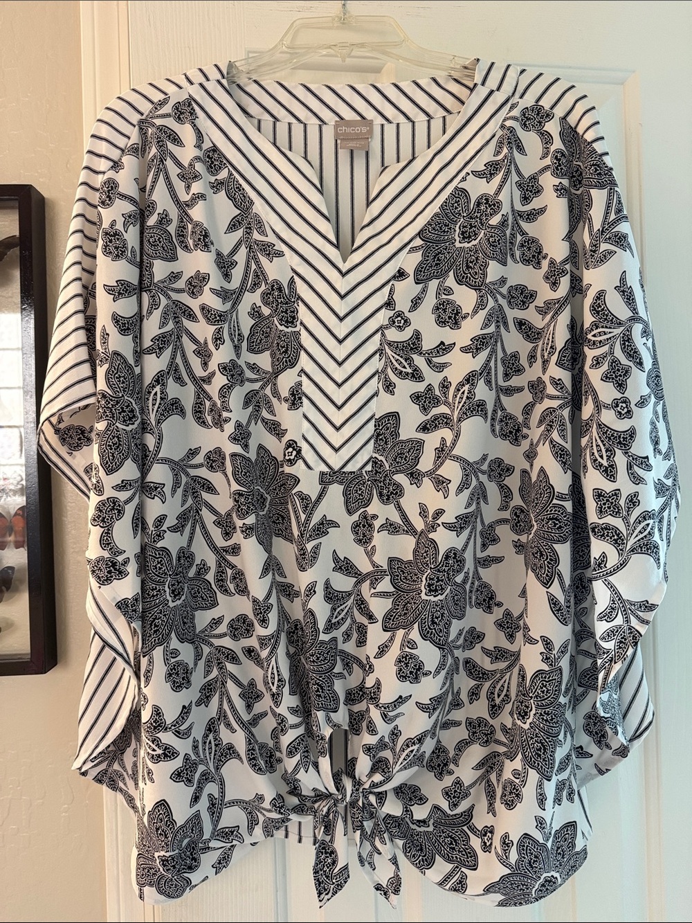NEW Chico's White & Black Floral Print & Striped Tie Front Flowy Top